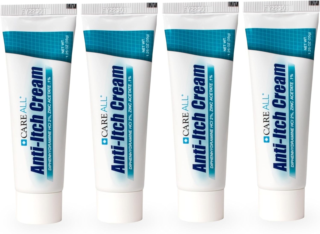 CareAll Anti- Itch Cream 1.25oz (4 Pack) Histamin blokování, Difenhydramine HCI 2% Topický analogický a zinkový acetát 0,1% kůže protective for temporary pain and Itch Relief from Common Outdoor Itches