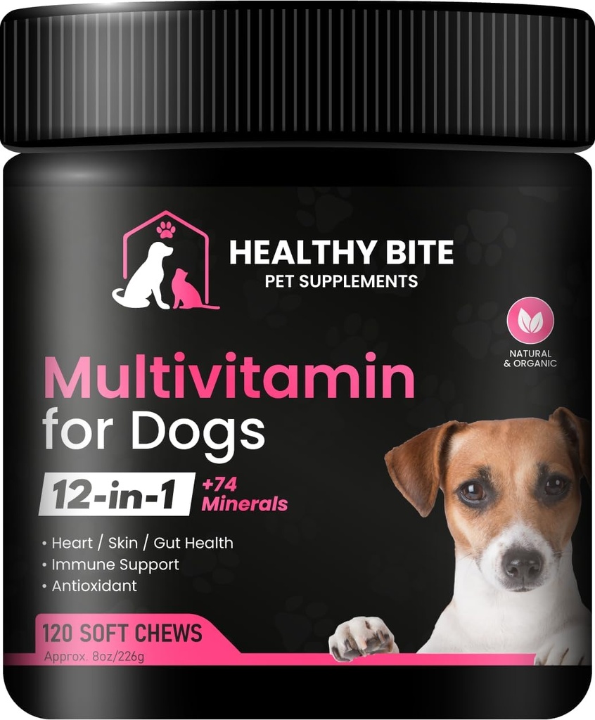 Zdravé kousnutí 12 v 1 Multivitamin pro psy - Doplněk pro pleť a kabát, imunitní podpora, Pet Vitamíny, vápník pro psy Made in USA - 120 Počet