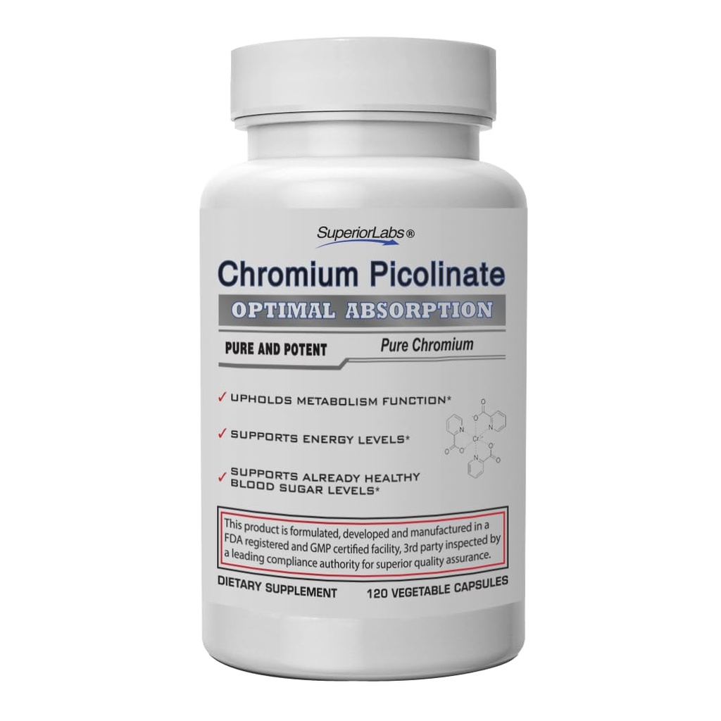 Superior Labs Chromium Picolinate 500mcg, High Absorption, Non- GMO, Blood Support Sugar & Metabolismus, Weight and Food Craving Management, Napomáhá citlivosti energie a inzulínu, 120 Veg Caps