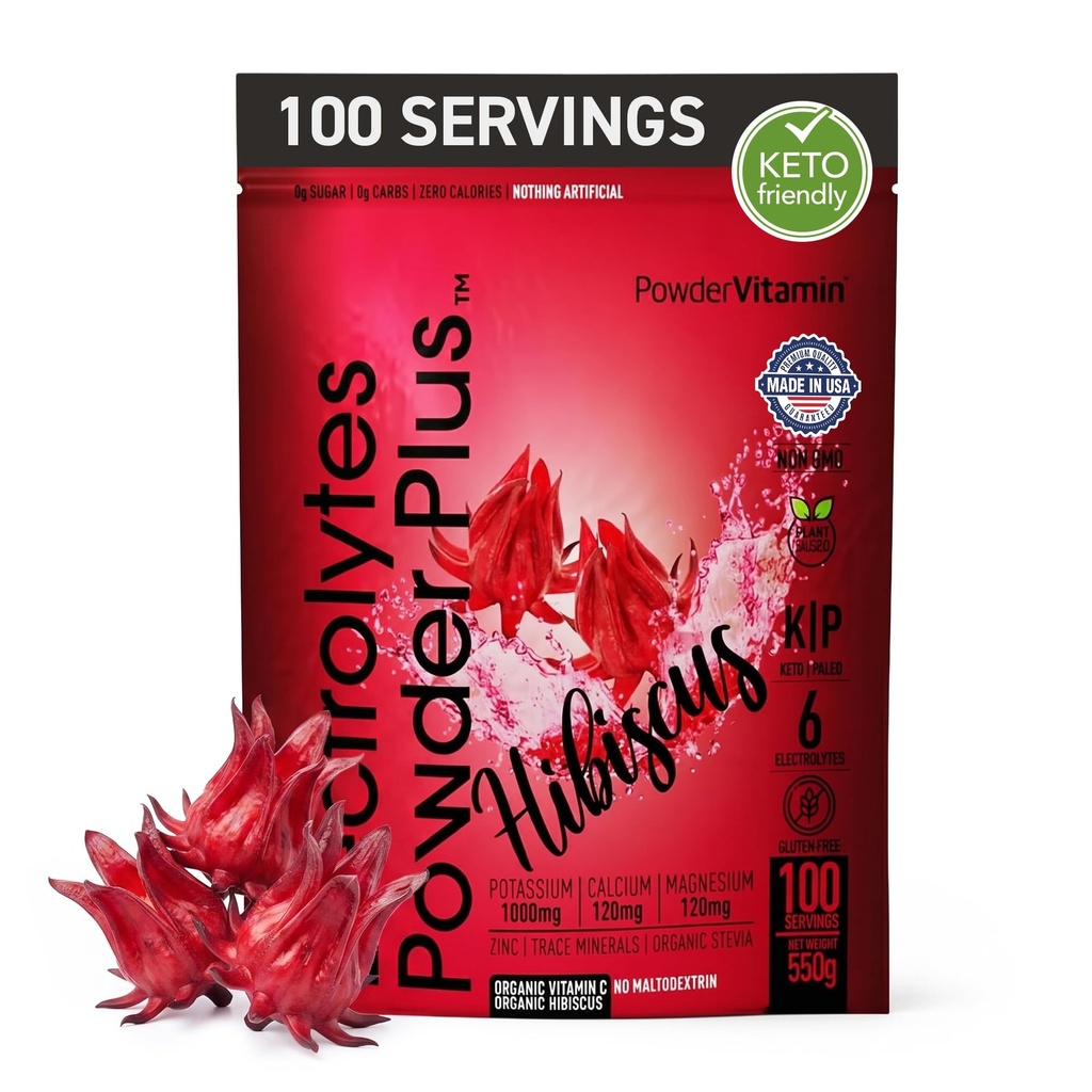 PowderVitamin Electrolytes Powder Plus (100 porcí) Hibiscus Electrolyte Powder Zero Calorie Keto, 0 Cukr, No Maltodextrin, 1000mg draslík, 120mg vápníku, 120mg hořčíku, Hydratační prášek