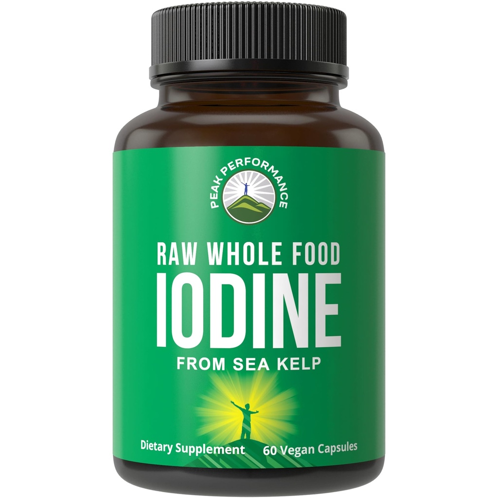 Surové celé potraviny Jod dodatek z organické Kelp (Ascophyllum Nodosum) podle Peak Performance. Tablety na podporu iodidu draselného. 60 Veganské kapsle, pilulky.