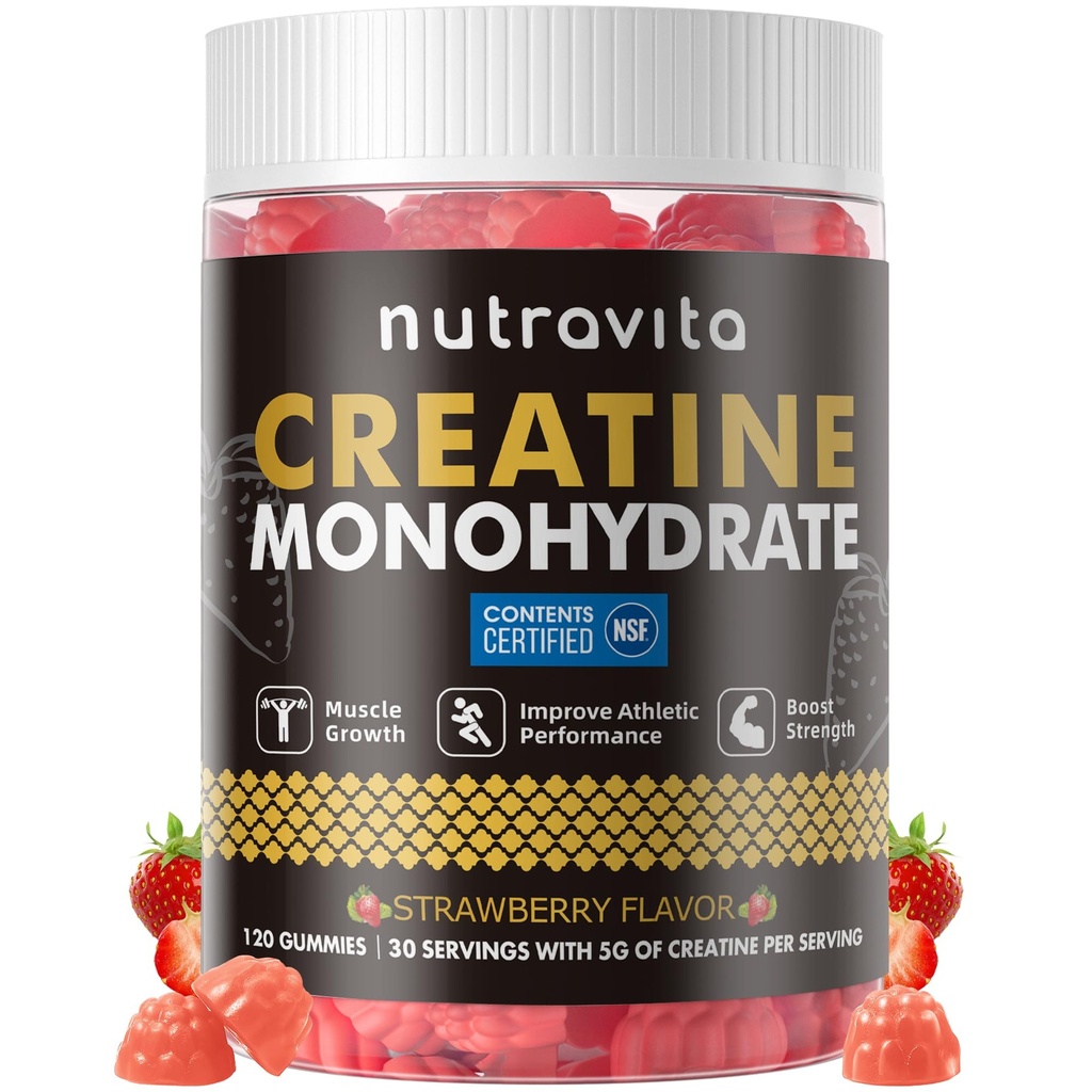 Nutravita NSF Certified Creatine Gummy - Creatine Monohydrát Gummy pro muže & Women- 5g Creatine Monohydrátu na servírování - Bez cukru, Vegan, Strawberry Flavor, 120 Počet