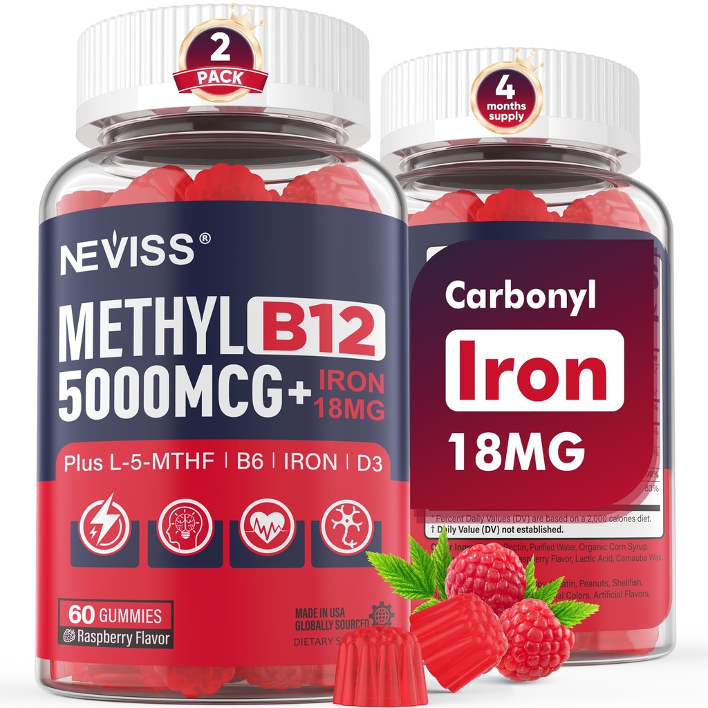 NEVISS Methyl B12 Vitamíny 5000 mcg Gummies + Iron 18 mg pro ženy - Active Methylkobalamin Metylovaný B12 Vitaminový dodatek w / L- MethylFolát, B6 (P5P) & D3 for Energy & Focus Support, 120 Servings
