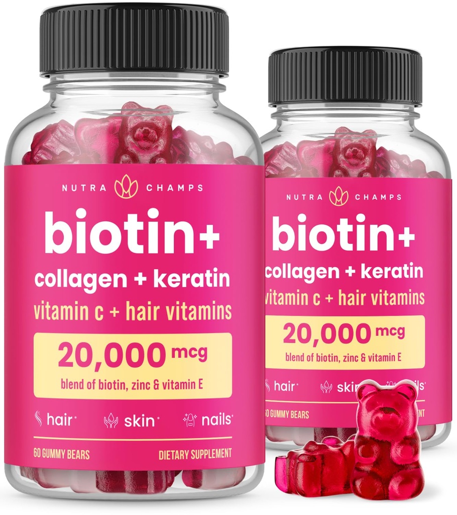 NutraChamps Vlasy kůže a hřebíky Gummies, Biotin s kolagen & Keratin, 5000mcg Biotin Beauty Complex, Vitamin dodatek, Berry, 120 Počet, Zdravé vlasy, Radiant Skin & Silné hřebíky (Balení 2)