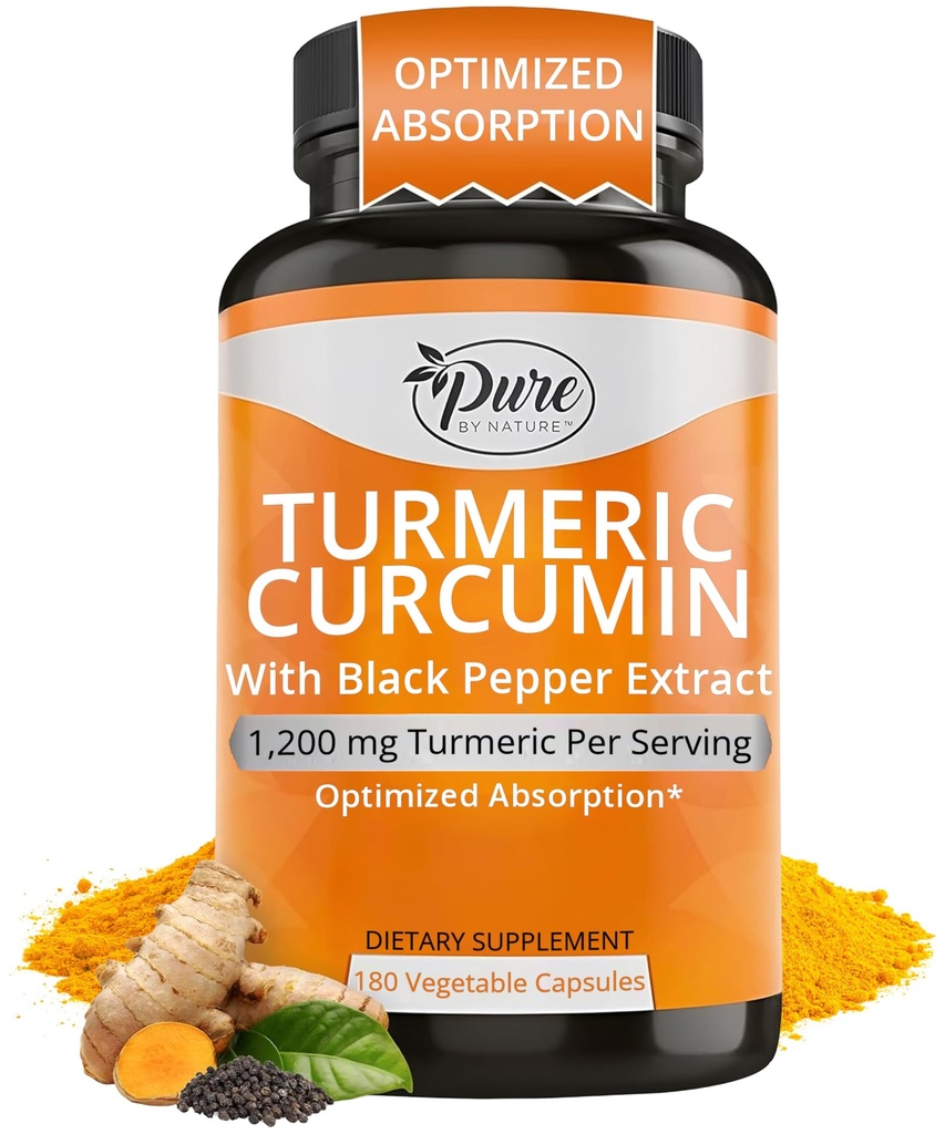 Pure By Nature Kurkumin kurkumin s Black Pepper Extract 10 mg Kapsle, 1200 mg na porci, Organic, High Absorption Antioxidant Support (180 Počet)