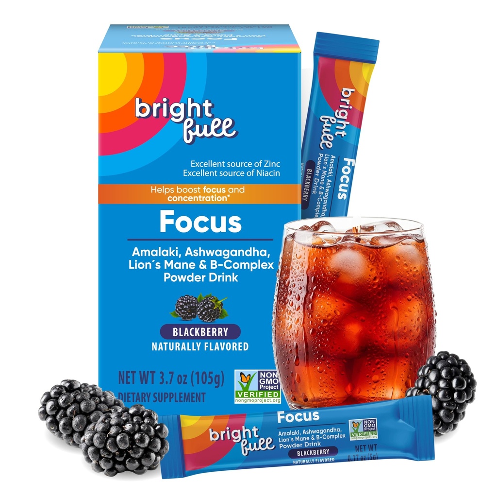 Doplněk Focus Sugar Free Dieter Supplement Drink Mix s Ashwagandha, Lví hříva, B Vitamíny B1 B2 B3 B5 B6 B12, pro Cognitive Performance & Clarity BlackBerry, 21 Day Supply