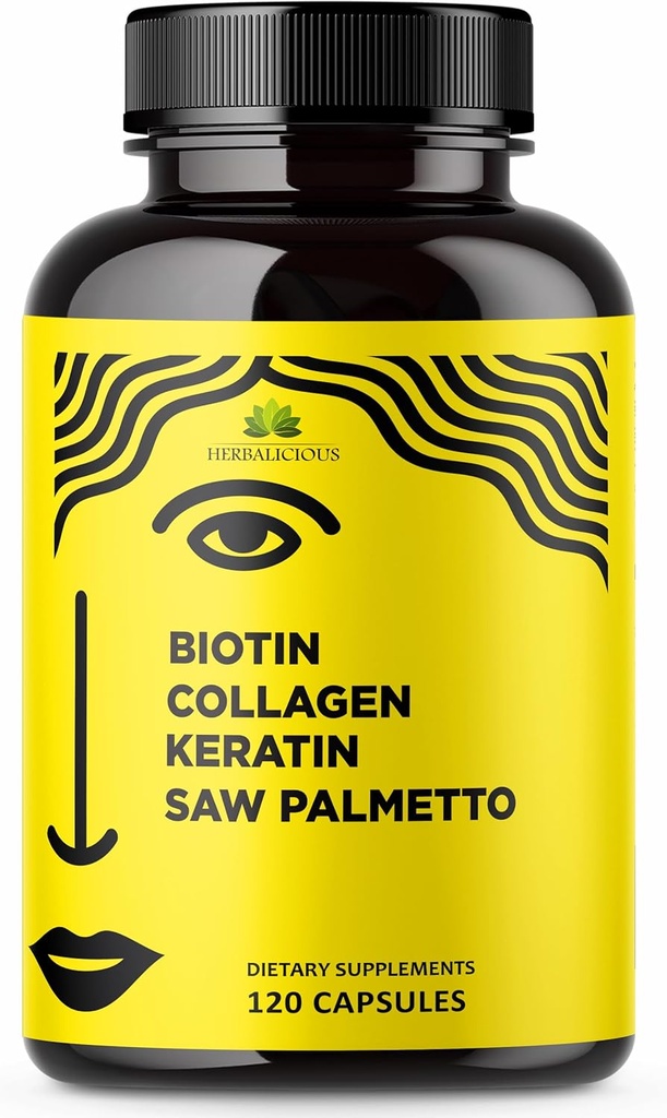 HERBALICIOUS Biotin Vitaminy s kolagenem, Keratin & Saw Palmetto pro ženy a muže - Biotin 10000 mcg Vlasové kožní nehty dodatek pro vlasy, kůži a nehty Wellness - Made in USA, 120 Kapsle