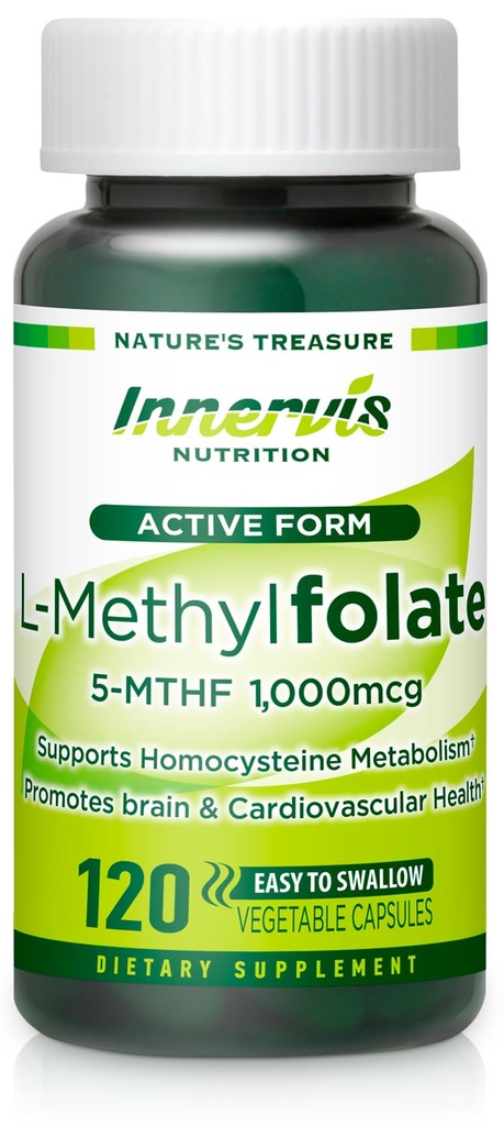 Bioaktivní folát (L- 5- MTHF 1000mcg, Folát 1700mcg) - Podpora mozku a nálady, Easy- to- polykání, 120 Veg Kapsle
