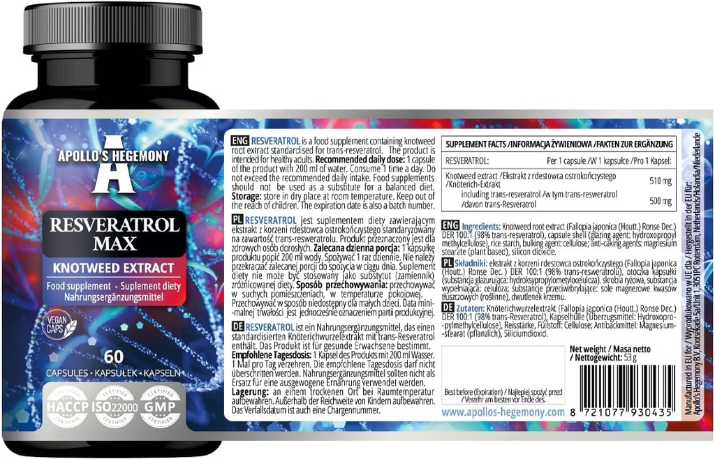 APOLLO 'S HEGEMONY Resveratrol Max - 500 mg na kapslí - 60 Vegan Kapsle - Vysoká čistota 98% Extrakt - Podporuje cirkulační zdraví - Přírodní antioxidant - Dietní dodatek