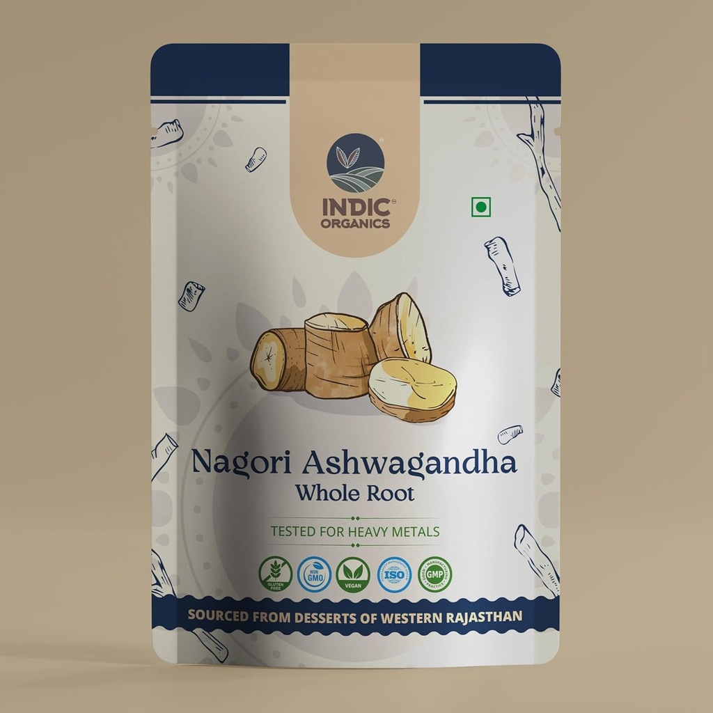 INDIC ORGANICS Nagori Ashwagandha Root CLANE124; Ancient Vedice-Era Strein with High Potency CLANE124; Tested for Heavy Metals CLANE124; Non- GMO CLANE124; Sourced from Deserts of Western Rajasthan, India (Whole Root, 250 Grams)