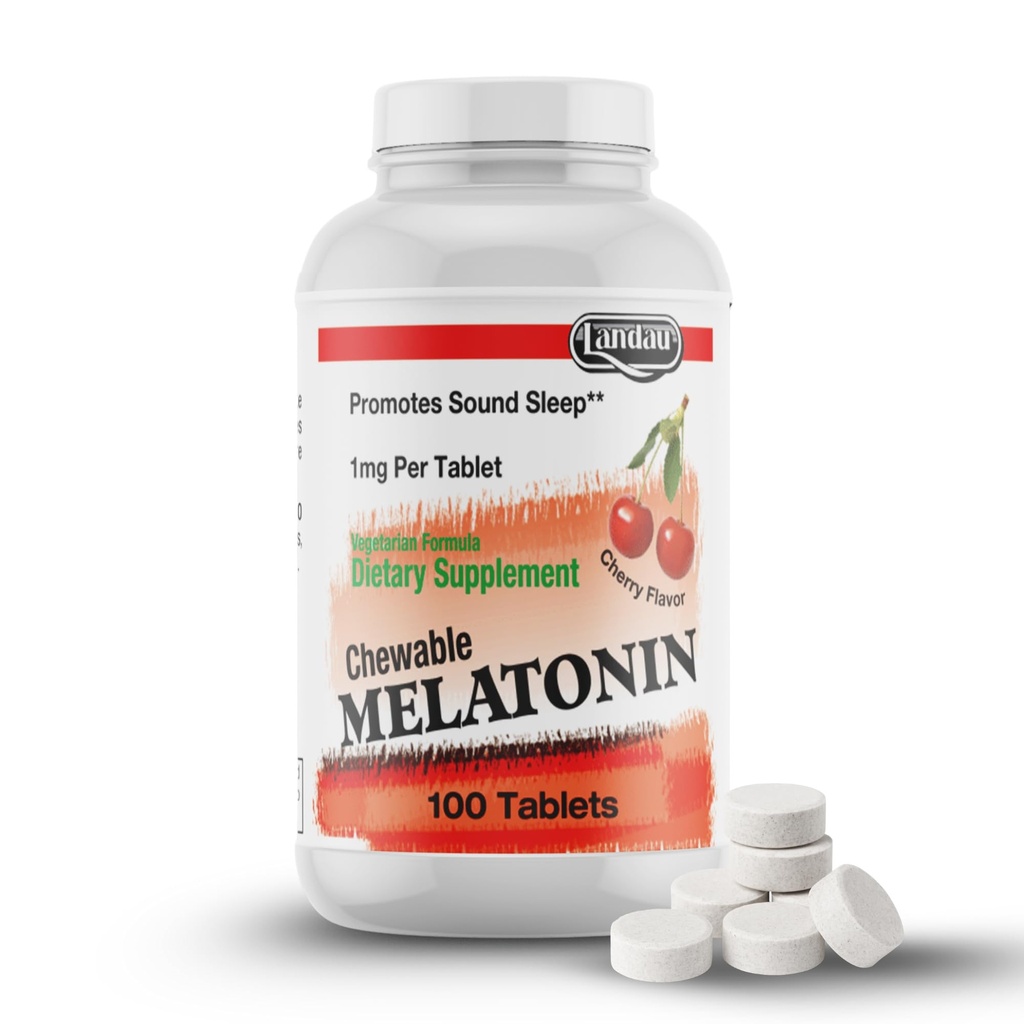 LANDAU Žvýkací melatonin pro děti - 1mg nízká dávka melatonin pro děti - Kosher & Made in the USA - Easyto- Take Natural Cherry Flavor Melatonin Sleep Aid for Toddlers, Children & Dospělí (100)