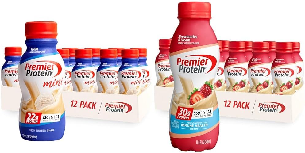 Premier Protein Shake MINI Vanilla 22g Protein 120 Calories Pack of 12 & Jahody Premier Protein Shake 30g Protein 160 Calories Pack of 12