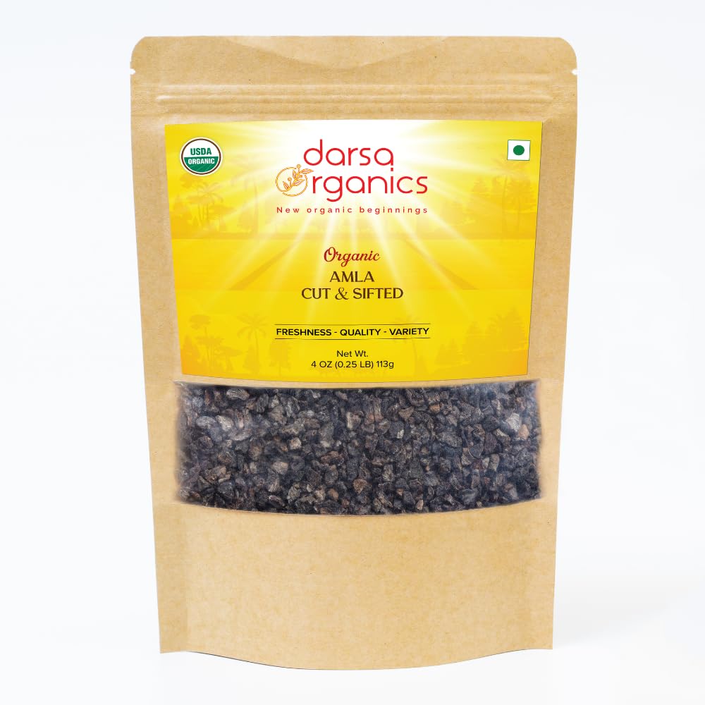 Darsa Organics Indian Gooseberry, Sušené Amla Cut & Sifted 4oz - USDA Organic Amla pro bylinný čaj, zdravé recepty, růst vlasů a imunita, bohaté na vitamín C & antioxidanty, Vegan, non-GMO, gluten zdarma, Kosher