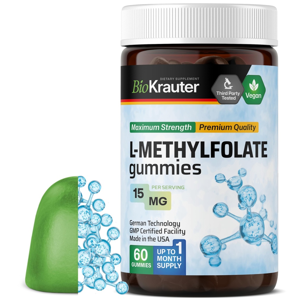 BIO KRAUTER L Methylfolátové žvýkačky - 25 mg DFE - 60 Vegan Chews - MTHF dodatek - Folátový dodatek - Kyselina listová žvýkačky (vitamin B9) - želatina-bez vzorce