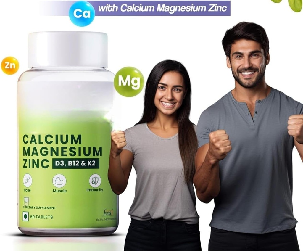 Vápník, hořčík, zinek s vitaminem D3 & B12, 1000mg I 60 Vegových tablet I124; Podpora silné spojky zdraví 124; pro oba muži & ženy, 1 Počet, 60 Kapsle