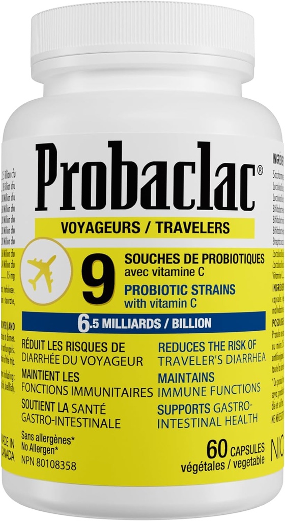 Přírodní cestovatelé Probiotika, Snížení rizika průjmu, Obsahuje vitamín C, Imunitní podpora, gluten zdarma, Cestovní velikost, Dovolená, Cruise a Airplane Cestovní Essentials, Vegan, 60 Kapsle
