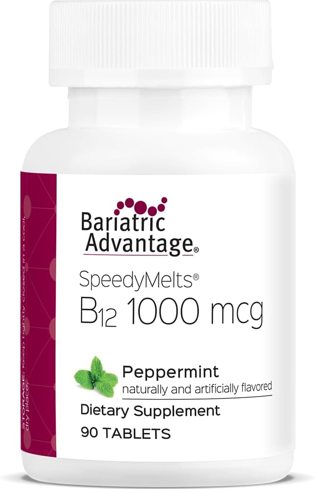 Bariatrická výhoda B-12 Speedy Melts, vitamín B12 1000 mcg dodatek, rychlé tavení s 200 mcg kyseliny listové pro nutriční podporu - Pepermint, 90 Počet