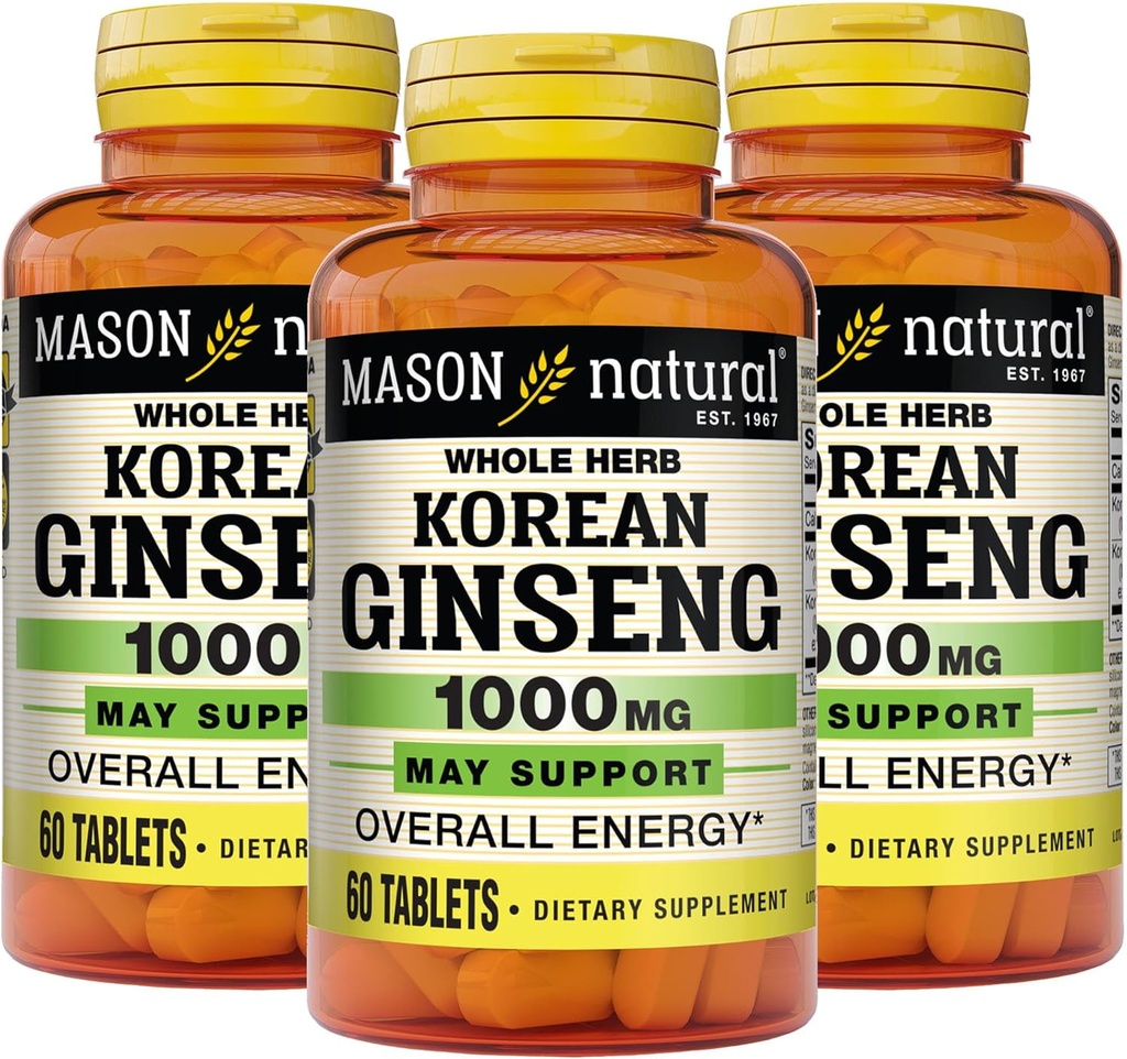 MASON NATURAL Korean Ginseng 1 000 mg, podporuje energii, vytrvalost a vitalitu, 60 tablet, balení po 3 tabletách