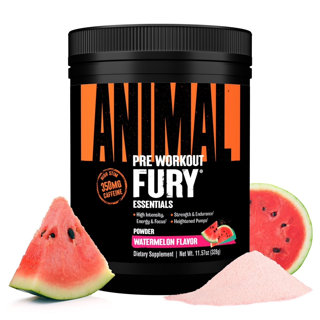 Zvířecí Fury Pre Workout Powder - Meloun, 350mg kofein, BCAA aminokyseliny, 2g Beta Alanine, Citruline & Tyrosin, Energie, Focus, Síla, Vytrvalost, Předcvičení pro muže a ženy, 20 Služeb