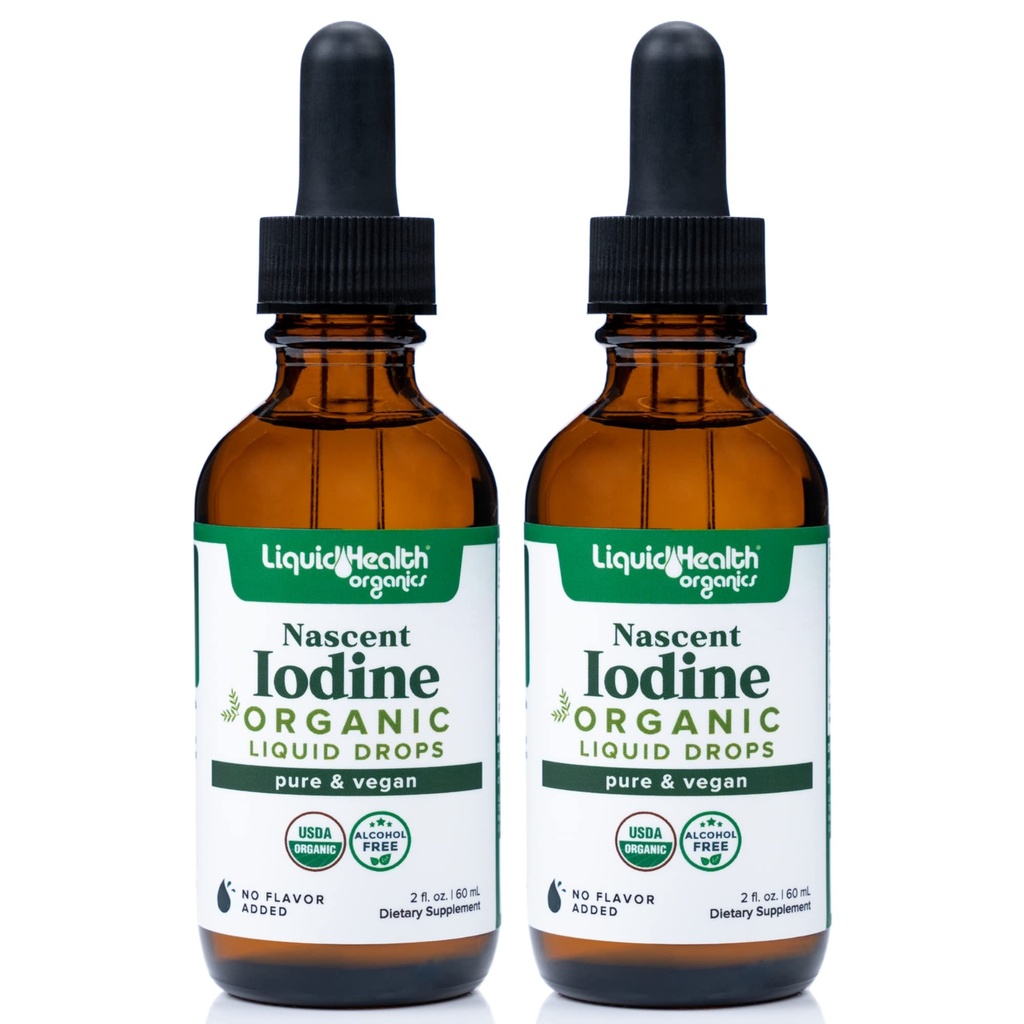 LIQUIDHEALTH USDA Organic Nascent jód kapalné kapky, čistý doplněk jódu pro štítné a imunitní podporu, doplněk energie - Vyrobeno v USA, Vegan, Bezbarvé, Bezchuť Tinktura (2 Pack)