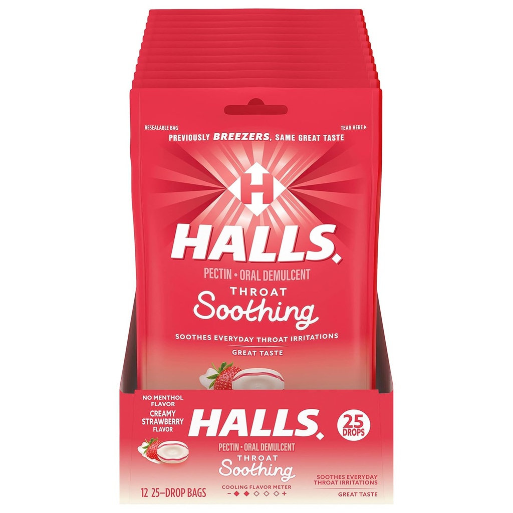 HALLS Throat Soothing (dříve HALLS Breezers) Creamy Strawberry Throat Drops, 12 sáčků 25 Drops (300 Total Drops)