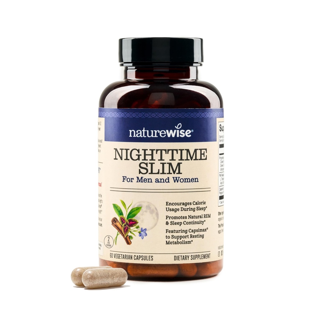 Naturewise Nighttime Fitness Support Supplement & Natural Sleep Aid with Cayenne Extract, Green Coffee Bean, GABA, L-Theanine - Vegetarian, Non- GMO - 60 Kapsle [1-Month Supply]