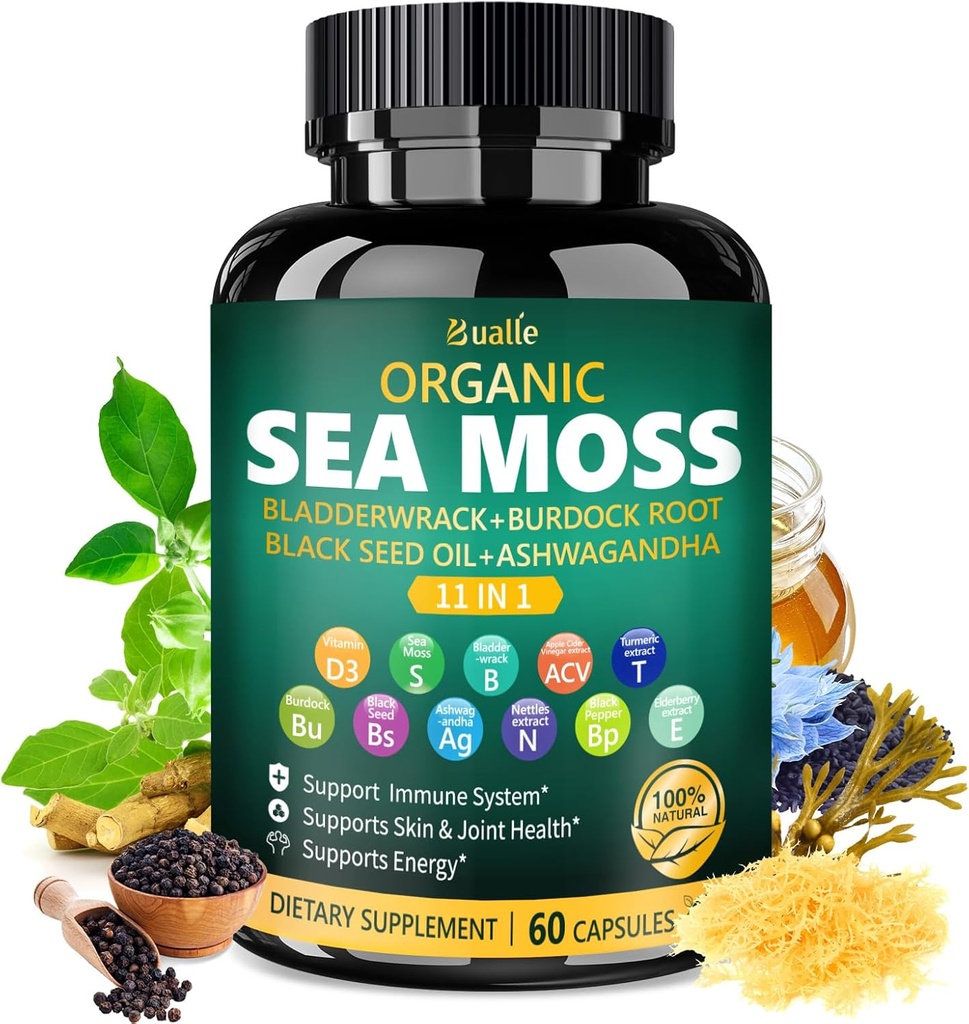 Kapsle Bualle Organic Sea Moss s Black Seed Oil, Ashwagandha, Bladderwrack, Ginger & Burdock Root - Bylinný komplex pro denní Wellness - 60 Kapsle (1 balení)