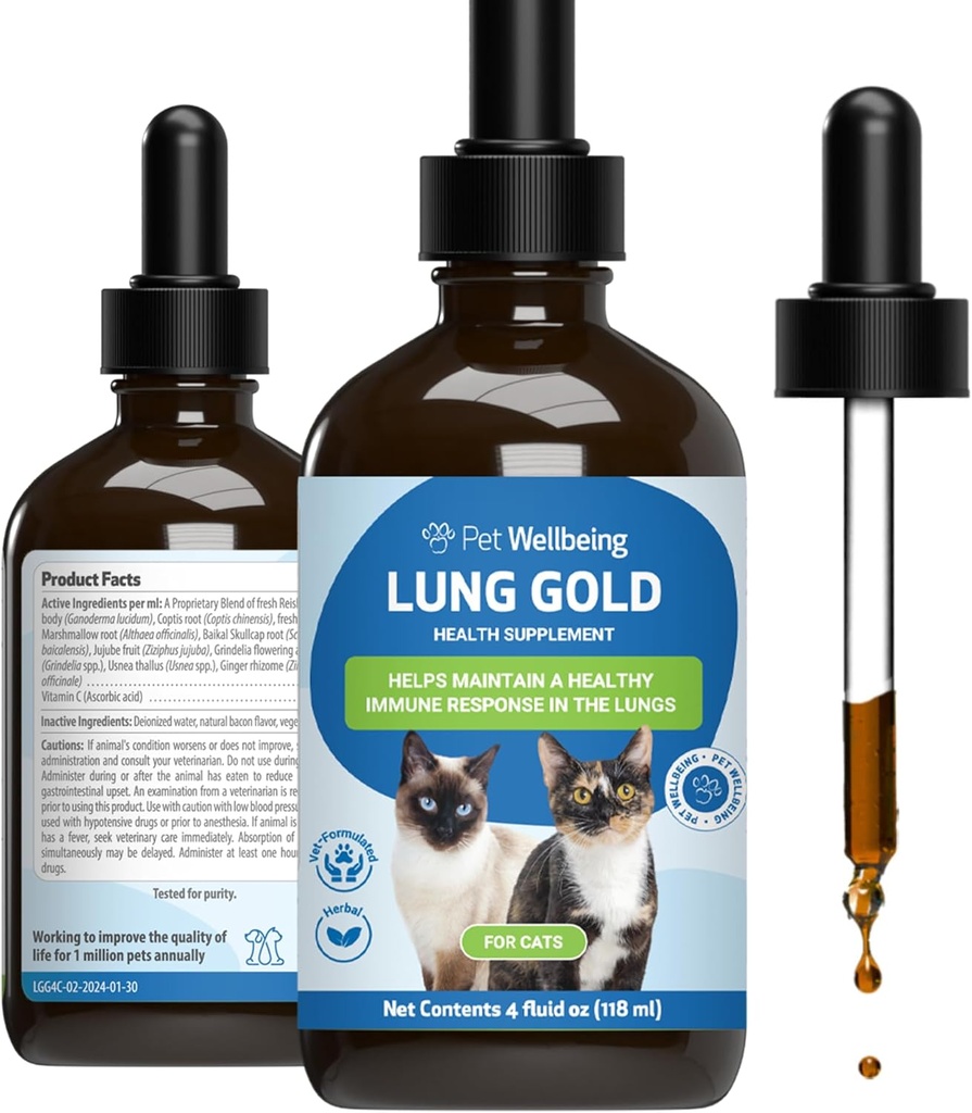Pet Wellbeing Lung Gold pro kočky - Imunitní podpora plic, Dolní Respirační zdraví, Open Airways, Normální dýchání, Reishi, Coptis - Veterinarian- aplikovaný bylinný dodatek - 4 oz (118 ml)