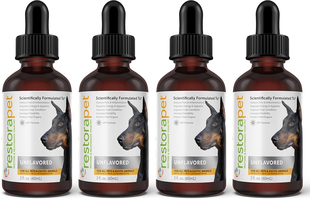 RestoraPet 4- Pack Dog & Cat Neochucený tekutý multivitamin 124; Pes Artritida bolest Relief 124; Hip & kloubní vitamíny pro psy 124; Anti zánětlivé doplněk pro psy & kočky 124; Organic & Non- GMO, Vet Schváleno