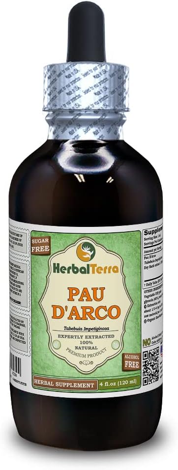 PAU d 'arco (Tabebuia Impetiginosa) Glycerit, sušený Bark Alcohol- Free Liquid Extract (Značka: HerbalTerra, Prooudly Made in USA) 4 fl.oz (120 ml)