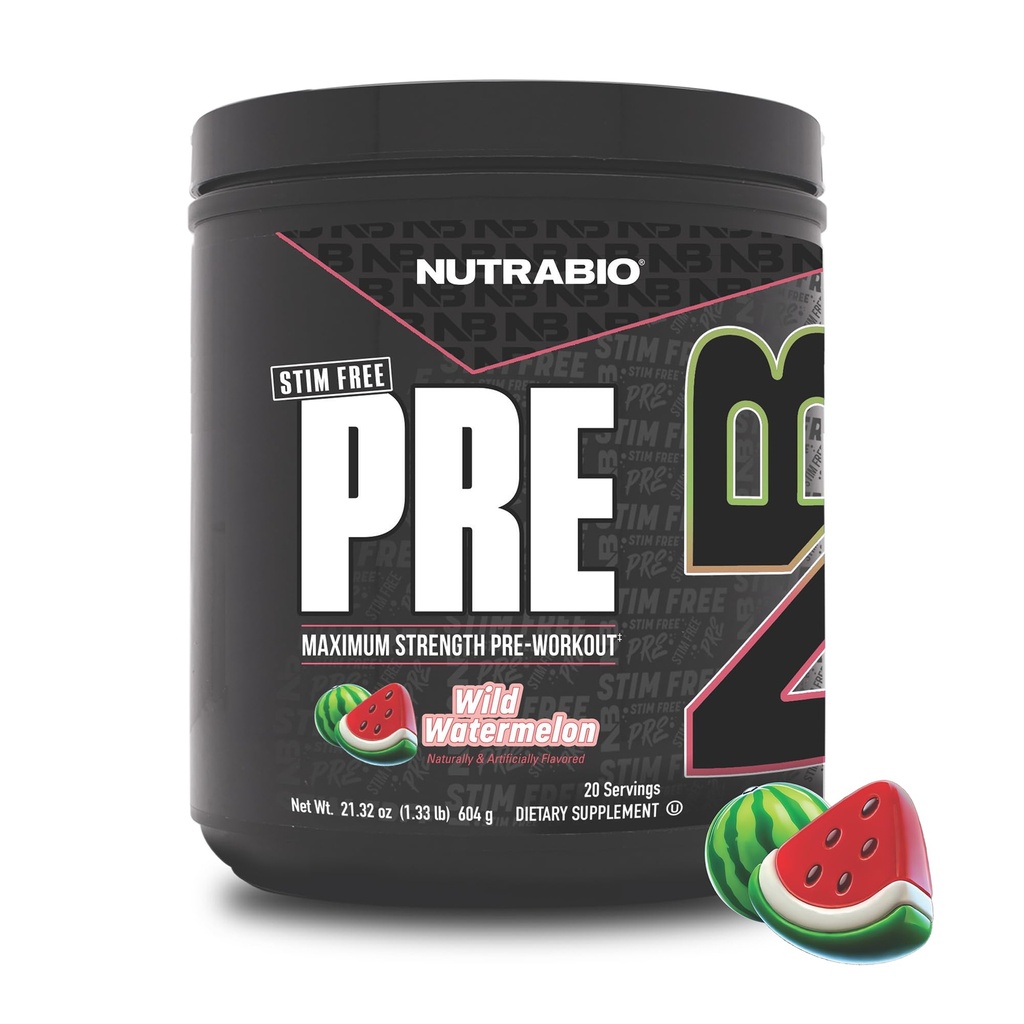 NutraBio STIM-Free PRE cvičení pro muže, Nový vzorec 124; Laser Focus, extrémní čerpadla 124; Výkon, Vytrvalost 124; 10g Citrulline, Beta Alanin, Nitráty, Nootropics, Electrolytes - 20 Služební meloun