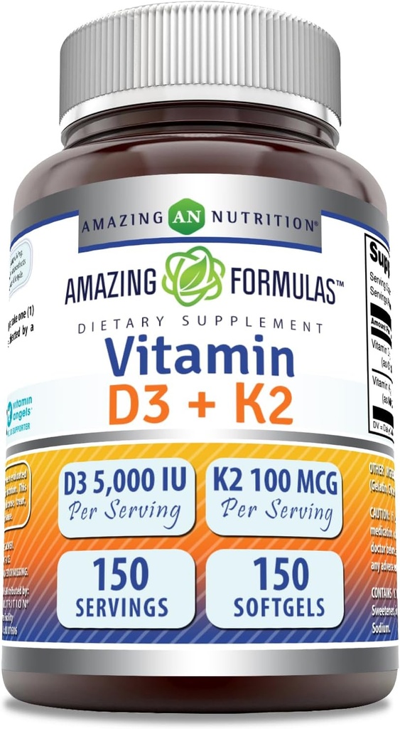 Úžasný vitamin D3 5000 IU s vitaminem K2 100 Mcg CLAS124; D3 + K2 Complex Supplementary CLAS124; Softgels CLAS124; Non- GMO CLAS124; gluten- Free CLAS124; Made in USA (1 balení, 150 Počet)