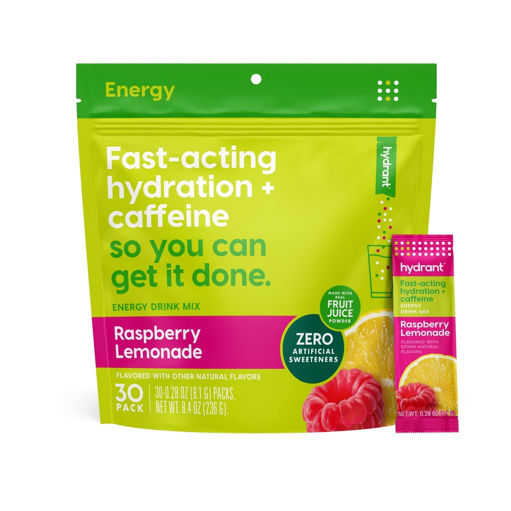 Hydrant - Energy Electrolyte Powder, Malina Lemonade Flavor, 30 Kofein & L- Theanine Energy Rehydratation Stick Packs - Nízký cukr Energy Powder pro denní použití