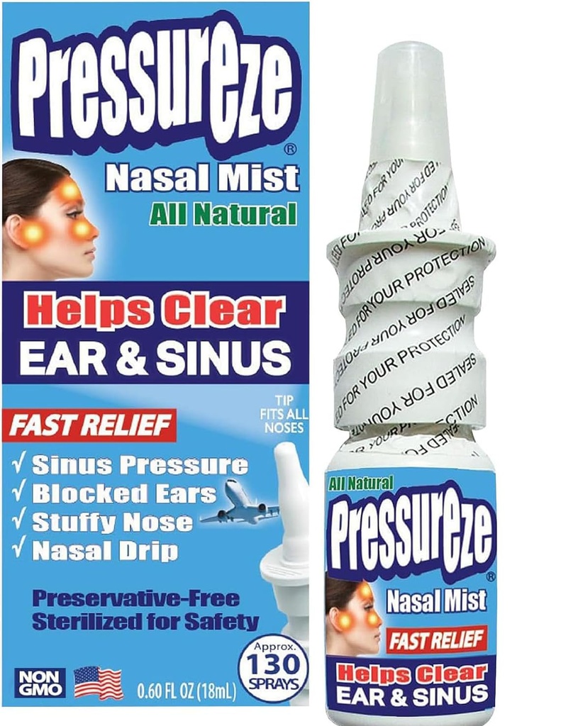 Pressureze Nasal Spray - Všechny přírodní Preservative- Free Sterile - Fast Relief Nasal Spray - pro Sinus Alergies Congestion Blocked Uší Loud Snoring Spray 124; 130 Sprays, 18 ml