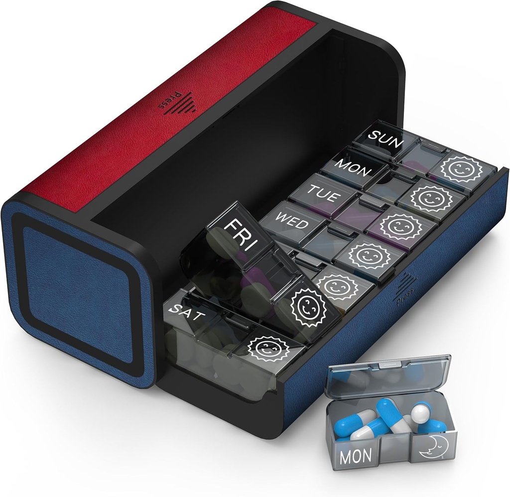 Pill Organizátor 2 krát denně, Am Pm Dvakrát denně Pouzdro Pill, Odtažitelné Velká cestovní Pill Box 7 Den, Týdenní Pill Kontejner pro doplněk vitaminové medicíny Rybí olej (červená a modrá)