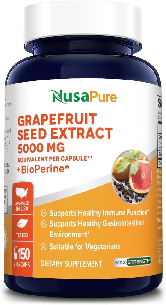 NusaPure Grapefruit Extract 5000 mg na kapslí (extrakt 10: 1) Bioperin 150 Veggie čepice (Vegan, gluten Free, Non- GMO)