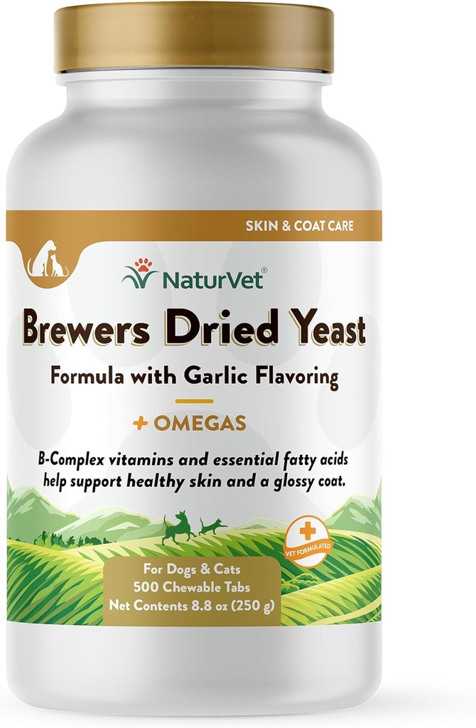 NaturVet Brewer 's Sured Yeast Pet dodatek s česnekovým ochucením - Obsahuje B-Complex Vitamíny, Omega-3, 6, & 9 Tučné kyseliny - Pomáhá podporovat Glossy Coat, Zdravá pleť pro psy, Kočky 500 Ct.