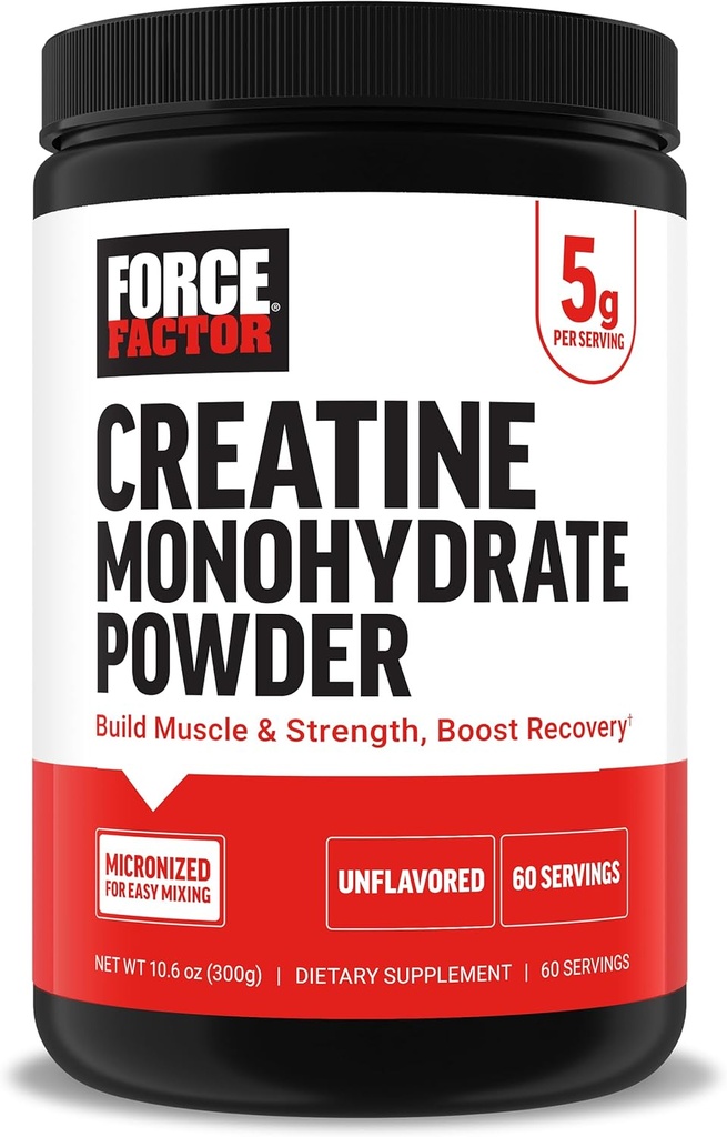 Force faktor kreatin monohydrát prášek, 5g mikronizovaná dávka na podporu růstu svalů, síla, zotavení, kognitivní zdraví & paměť, neochucené, 60 Služeb
