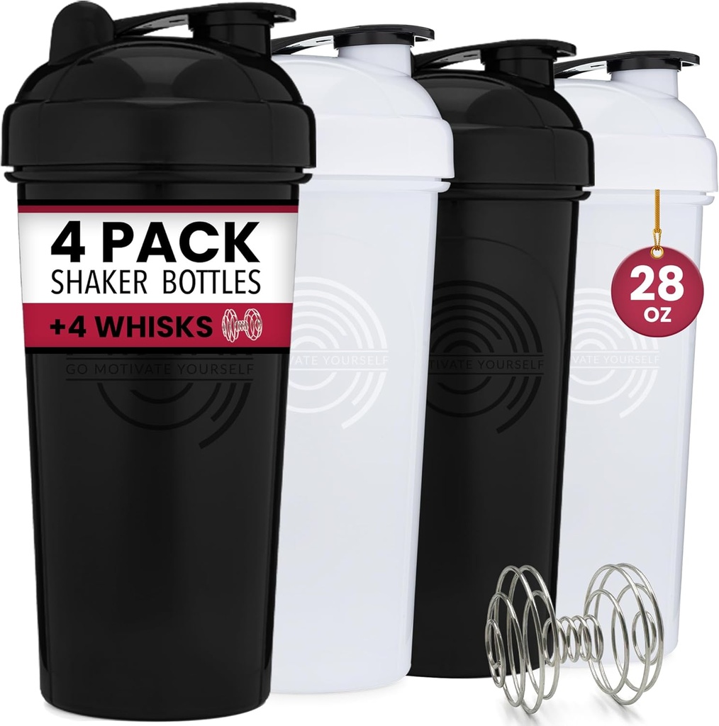 GOMOYO 4-Pack - 28 Ounce Protein Shaker Lahvička pro směsi, 4xWire Whisk, Leak Proof Bulk Doplněk Mixes a Pre- Workout Shaker Cups, Myčka nádobí Safe & BPA zdarma, Black & White