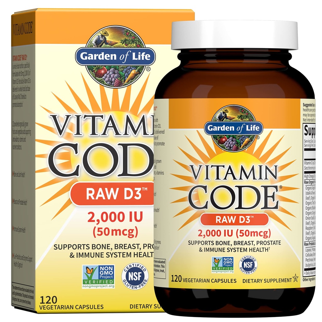 Zahrada života Vitamin D, Vitamin kód Syrový D3, Vitamin D 2000 IU, Syrové celé potraviny D3 Doplňky s Chlorella, Ovoce, Veggie & Probiotika pro kosti a imunitní zdraví, 120 Vegetariánské Kapsle