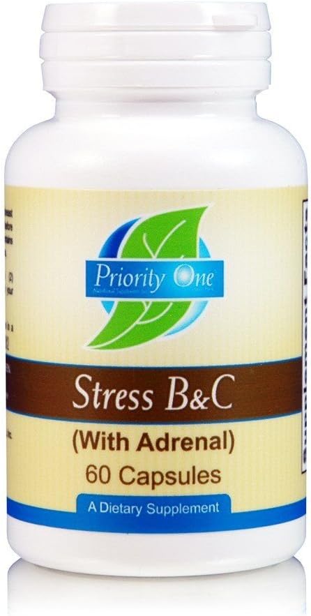 Priorita 1 Vitamíny Stress B & C 60 Kapsle - B Komplex s celou Gland Adrenal na podporu zdravé nervy, kůže, očí, gastrointestinální a mozkové funkce. *