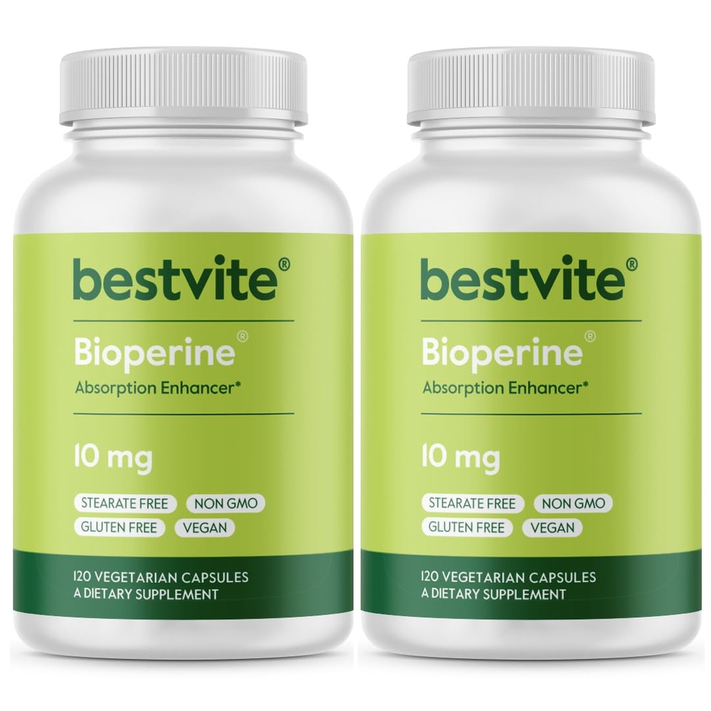 Bioperine 10mg (240 Vegetariánských kapslí) (120 x 2) - No Stearates - Vegan - Non GMO - Gluten Free - Absorpční Enhancer