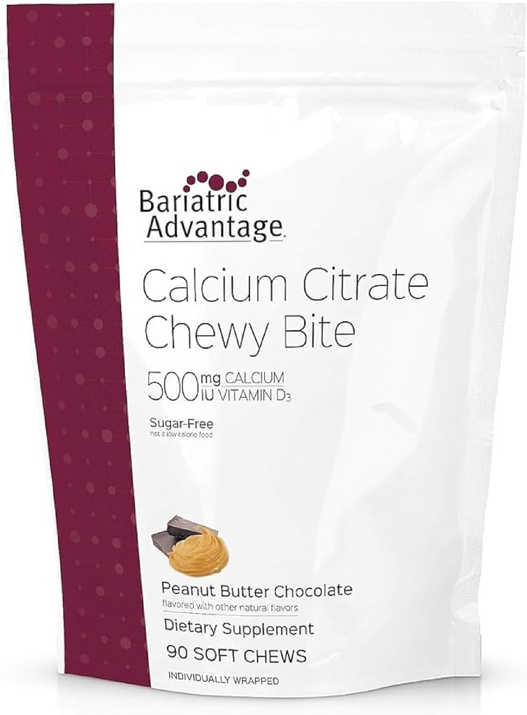 Bariatrická výhoda vápníku Citrát Chewy Bites 500 mg - Vysoce absorbovatelné a stravitelné - Vitamin D3 - Snadno žvýkací doplněk vápníku - arašídové máslo Čokoláda - 90 Počet