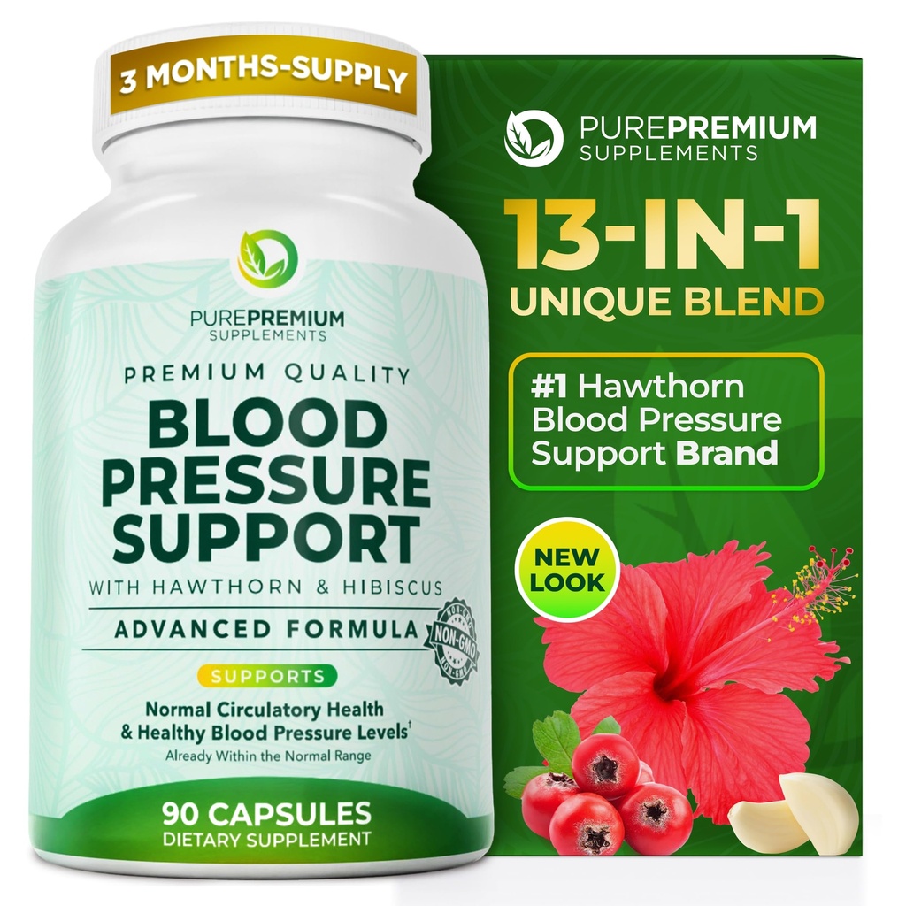 PurePremium krevní tlak doplňky s Hawthorn Berry, Hibiscus, Česnek a vitamín B12 - Oxid dusnatý dodatek pro normální srdeční zdraví, cirkulace zdraví a krevní tlak podpora - 90ct