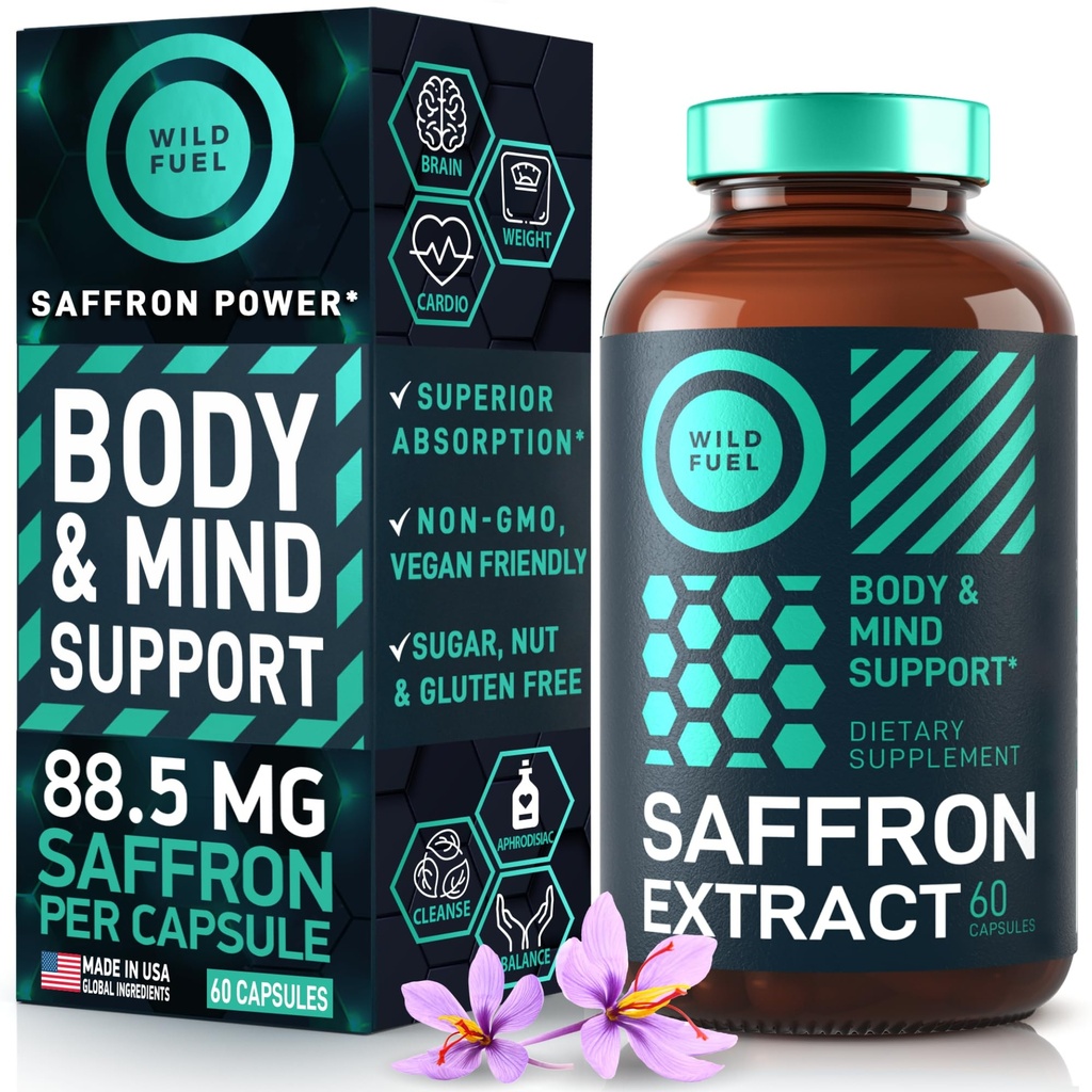 Saffron doplňky pro ženy a muže - 88.5mg čistý Saffron Extract - Antioxidant, Eye Health, Energy Support and Mood Booster - Vegan, Made in USA, 60 Kapsle Jednou denně
