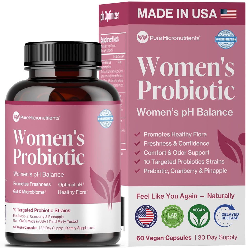 Čisté mikronutrienty pH Balance Vaginální Probiotika pro ženy - Podpora zápachu a ltů - Vaginální Zdravotní pilulky s brusinkou, Lactobacillus & Prebiotics - Ženské wellness denní dodatek - 60 Kapsle