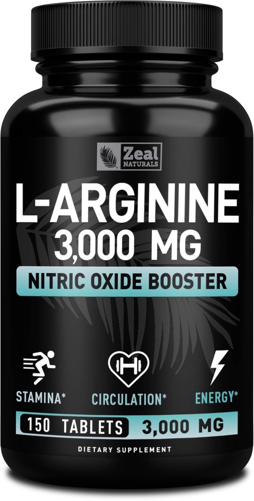Zeal Naturals L Arginine 3000mg Kapsle (150 tablet) Maximální dávka L- Arginin Nitric Oxide Supplementary for Supplementary Muscle Growth, Cévní funkce a energie - Nitric Oxide Booster