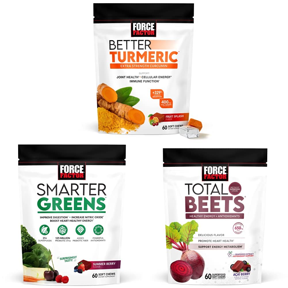 Force faktor lepší turmerické společné podpory Dodatek & Smarter Green Chews, 60 měkkých Chews & Total Beets Měkké Chews, 60 Chews