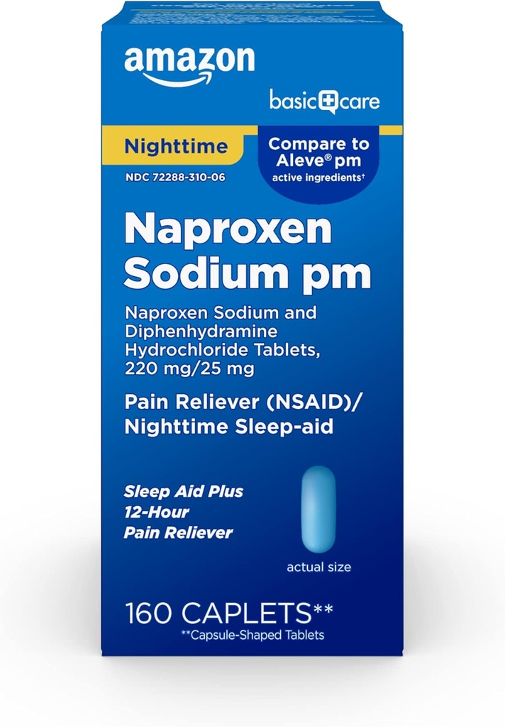 Basic Care All Night Pain Relief PM, Naproxen Sodná sůl, 220 mg / Difenhydramine Hydrochloridum, 25 mg tablety, Pain Reliever / Nighttime Sleep- Aid, 160 Počet