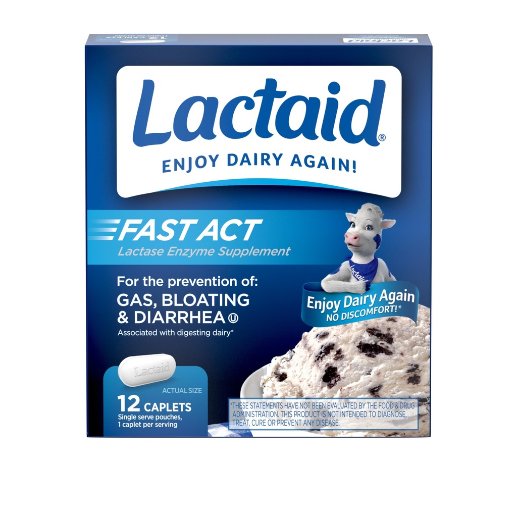 Lactaid Fast Act Intolerance laktózy Relief Caplet s laktázovým enzymem k zabránění plynu, nafouknutí a průjem Vzhledem k citlivosti laktózy, Ideální pro cestování & On-The-, 12 Balení 1-Počet